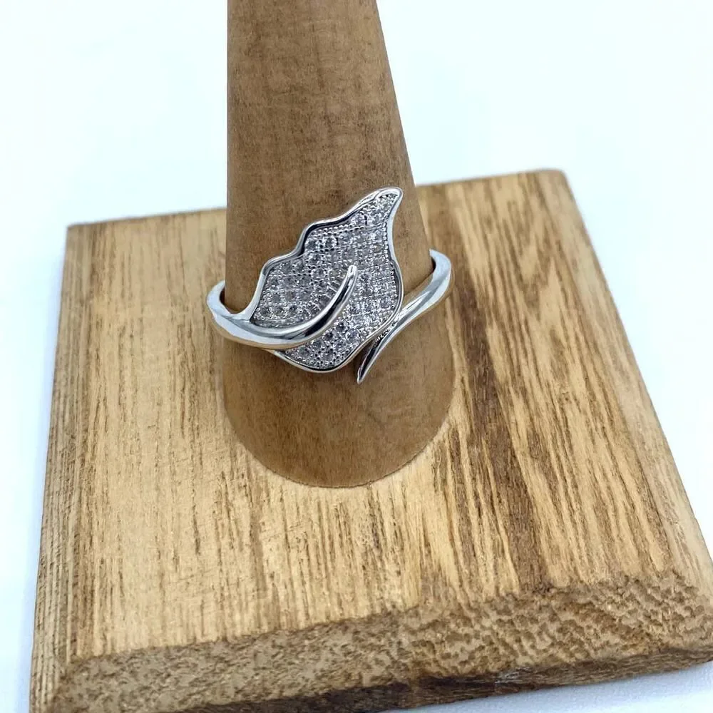 Micro Pave Cz Diamond Leaf Sterling Silver Ring Size 11